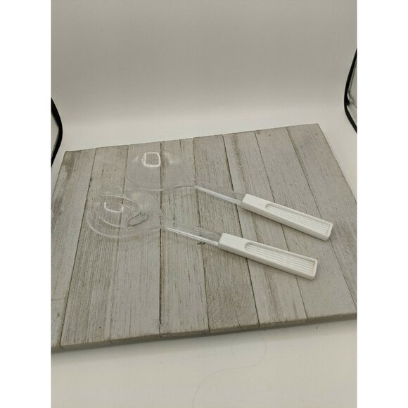 Clear 2 Piece Salad Serving Fork Spoon Tongs White Flatware 11 1/4" - Picture 1 of 6